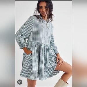 Free People Blue Gingham Long Sleeve Dress Sz-M